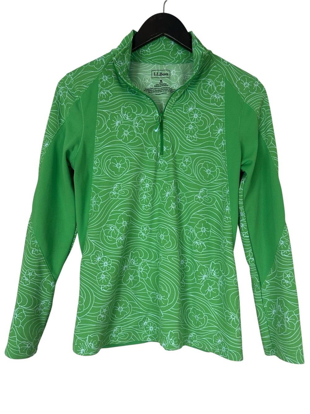 L.L. Bean Bright Green Floral Quarter-Zip Pullover